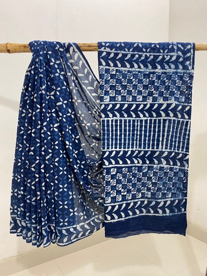 Krista Butti 2 Kaam Mud Dabu Indigo Base With Butti Off White With Gungur Dabu Mud Border Hand Block Print