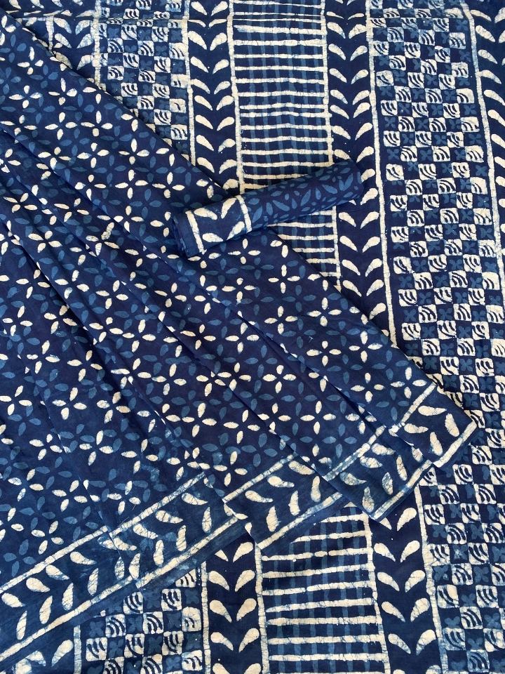 Krista Butti 2 Kaam Mud Dabu Indigo Base With Butti Off White With Gungur Dabu Mud Border Hand Block Print