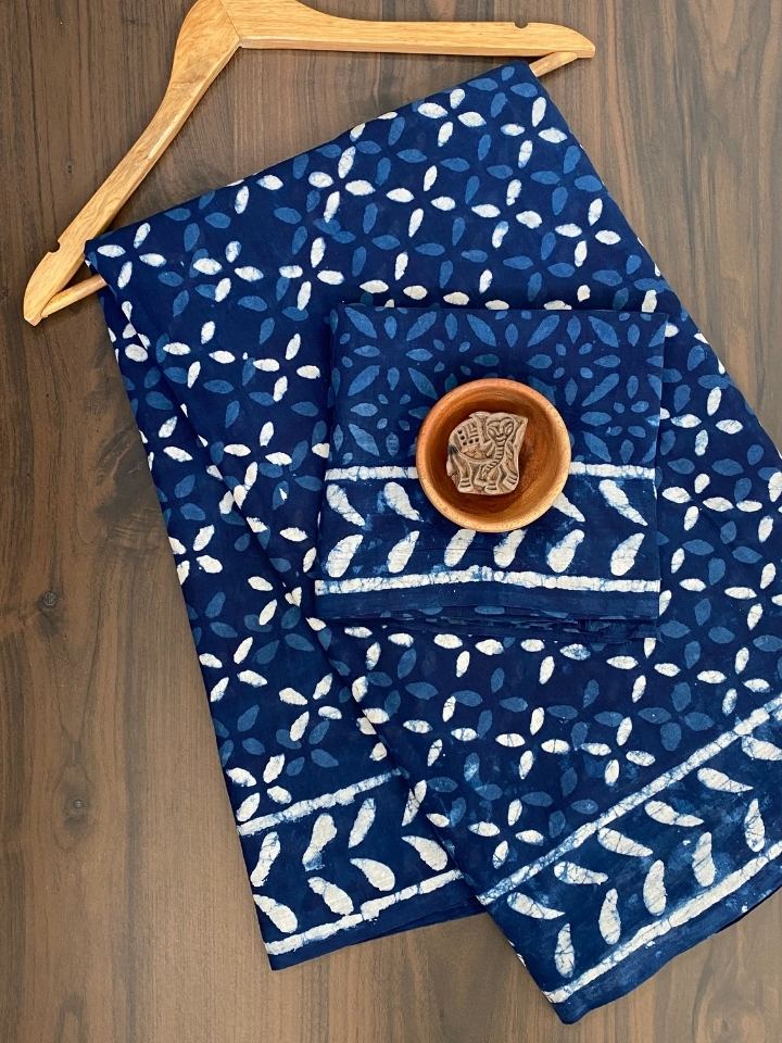 Krista Butti 2 Kaam Mud Dabu Indigo Base With Butti Off White With Gungur Dabu Mud Border Hand Block Print