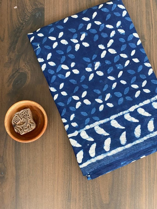 Krista Butti 2 Kaam Mud Dabu Indigo Base With Butti Off White With Gungur Dabu Mud Border Hand Block Print