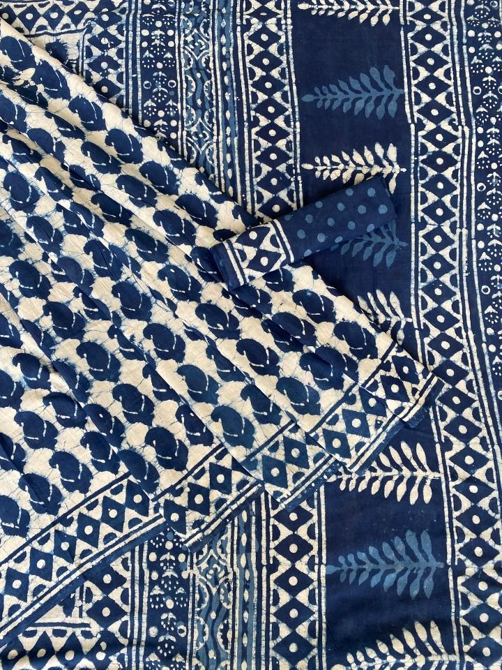 Keri Ki Ghad Single Kaam Off White Dabu Base With Indigo Keri Jaal With Double Chokdi Border Off Dabu Base Hand Block Print