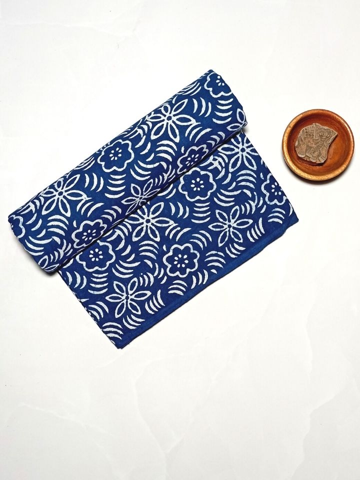 Kalamkari Flower Sitara  Jaal Indigo Hand Block Dabu Print Fabric