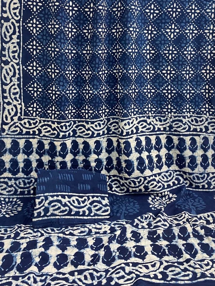 2 Kaam Chokdi Kalamkari Jaal Mud Dabu Indigo Base With Choti Keri Ki Ghad Ki Border Hand Block Print