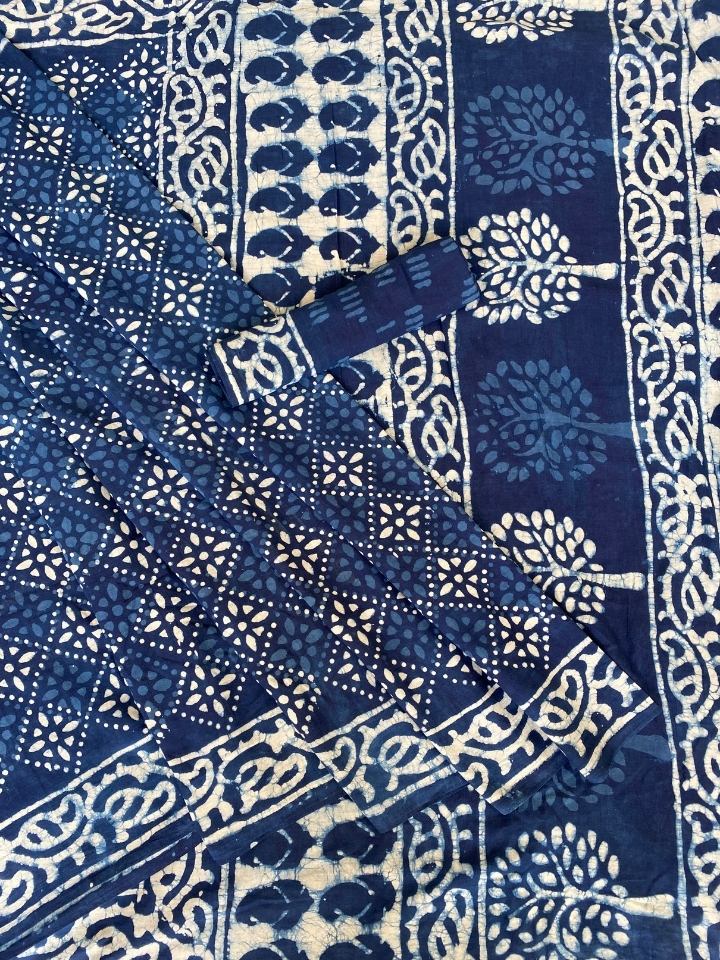 2 Kaam Chokdi Kalamkari Jaal Mud Dabu Indigo Base With Choti Keri Ki Ghad Ki Border Hand Block Print