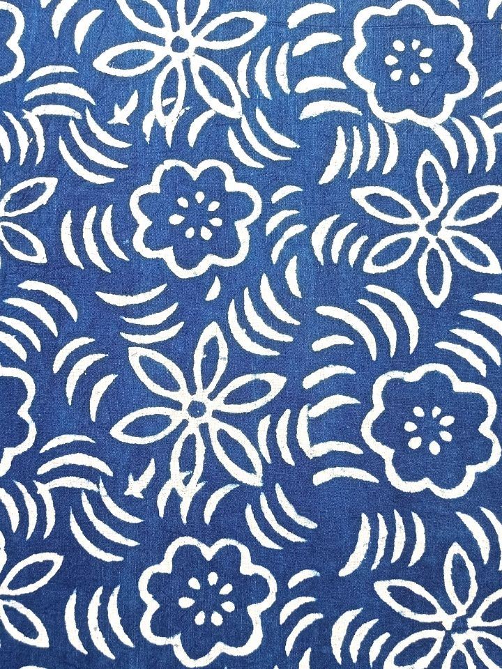 Kalamkari Flower Sitara  Jaal Indigo Hand Block Dabu Print Fabric