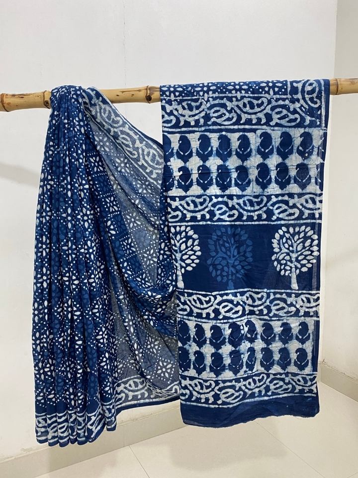 2 Kaam Chokdi Kalamkari Jaal Mud Dabu Indigo Base With Choti Keri Ki Ghad Ki Border Hand Block Print