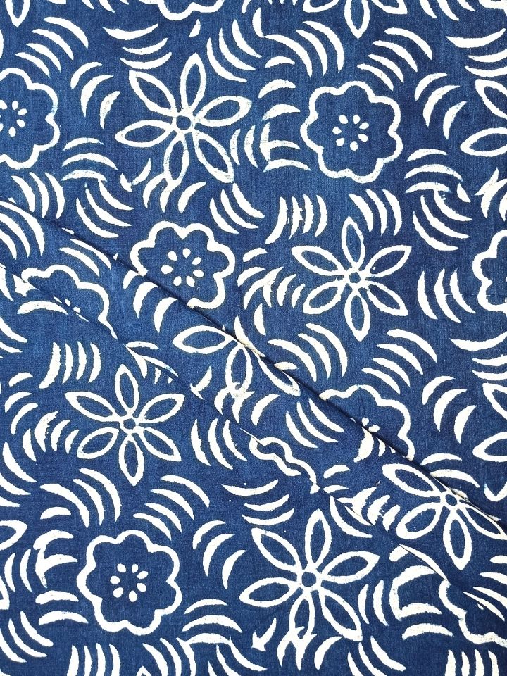 Kalamkari Flower Sitara  Jaal Indigo Hand Block Dabu Print Fabric