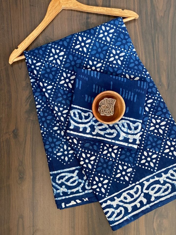 2 Kaam Chokdi Kalamkari Jaal Mud Dabu Indigo Base With Choti Keri Ki Ghad Ki Border Hand Block Print