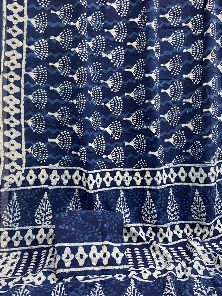 Single Kaam Tree With Indigo Base Lehriya With Single Katli Border Indigo Mud Dabu Base Hand Block Print