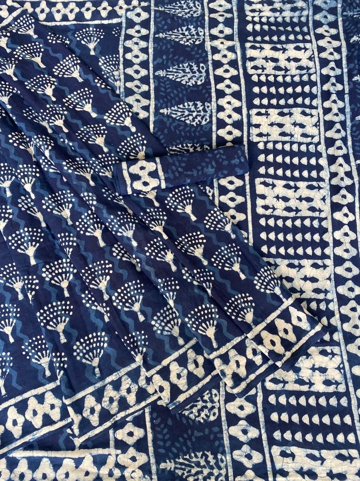 Single Kaam Tree With Indigo Base Lehriya With Single Katli Border Indigo Mud Dabu Base Hand Block Print