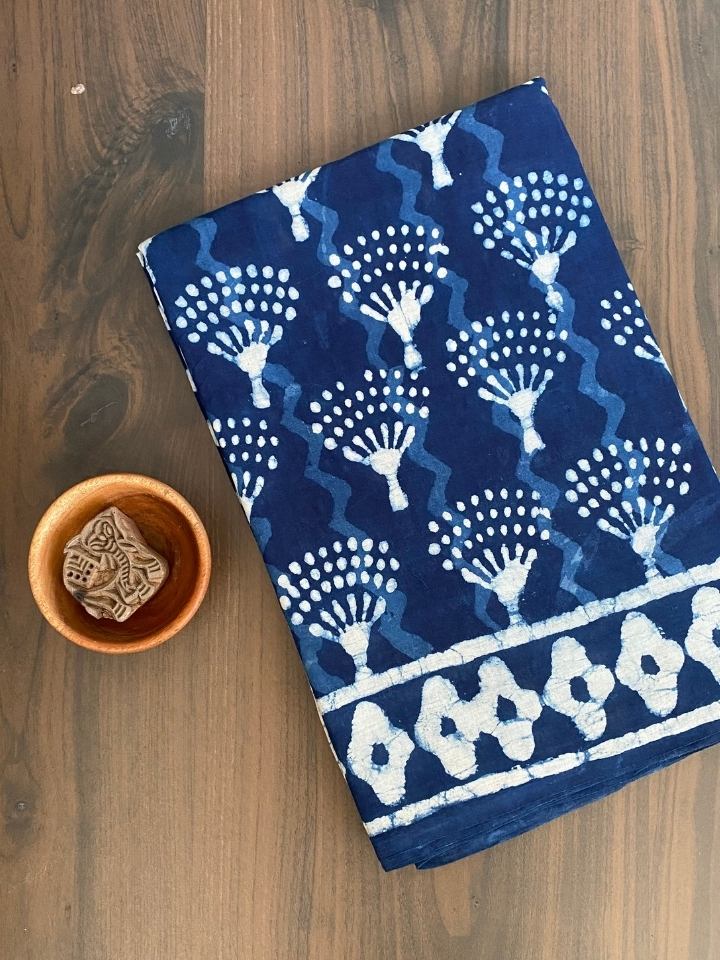 Single Kaam Tree With Indigo Base Lehriya With Single Katli Border Indigo Mud Dabu Base Hand Block Print