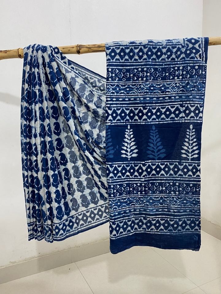 Keri Ki Ghad Single Kaam Off White Dabu Base With Indigo Keri Jaal With Double Chokdi Border Off Dabu Base Hand Block Print