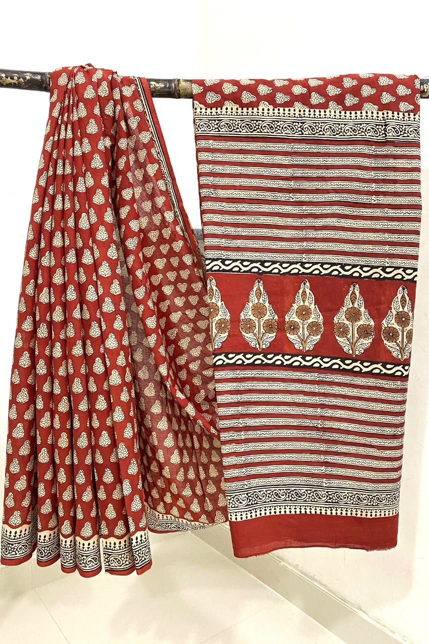 Bagru Small Butti Off Red Base With  Black Keri Border Block Print  Saree