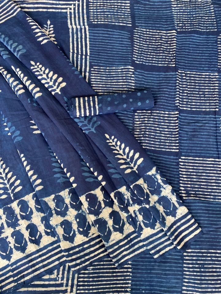 1 Kaam Keri Jaal Crismte  Motif Mud Dabu Indigo Base With Single Silli Border Off White Hand Block Print