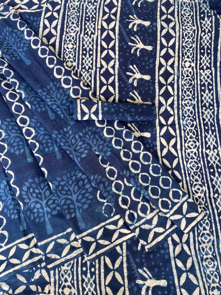 Choti Goli Butti Mud Dabu Base Indigo Tree With Krista Border Off White Hand Block Print