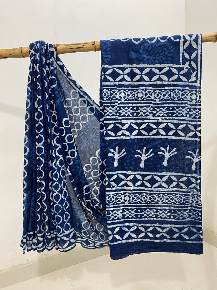 Choti Goli Butti Mud Dabu Base Indigo Tree With Krista Border Off White Hand Block Print