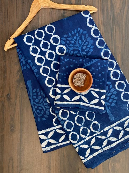 Choti Goli Butti Mud Dabu Base Indigo Tree With Krista Border Off White Hand Block Print