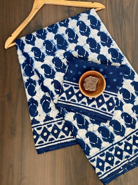 Keri Ki Ghad Single Kaam Off White Dabu Base With Indigo Keri Jaal With Double Chokdi Border Off Dabu Base Hand Block Print