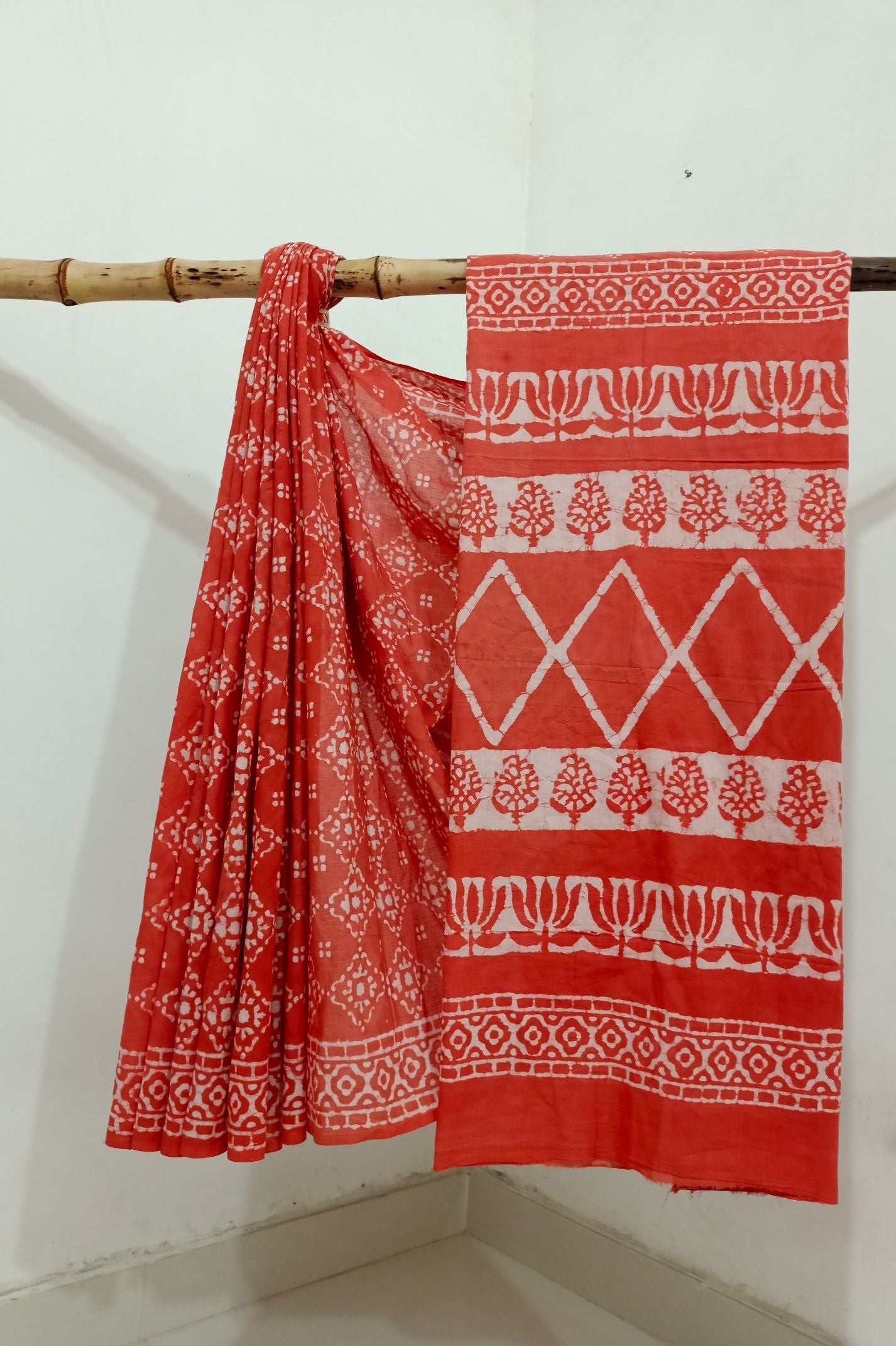 Chokdhi Small Jaal Orange With off White Jaal Hand Block Print Saree