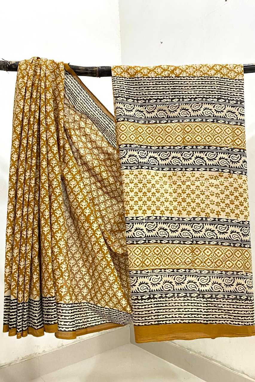 Bagru Small Old Butti Base Off Yellow With Off White Butti With Machu Black Border Hand Block Print Saree