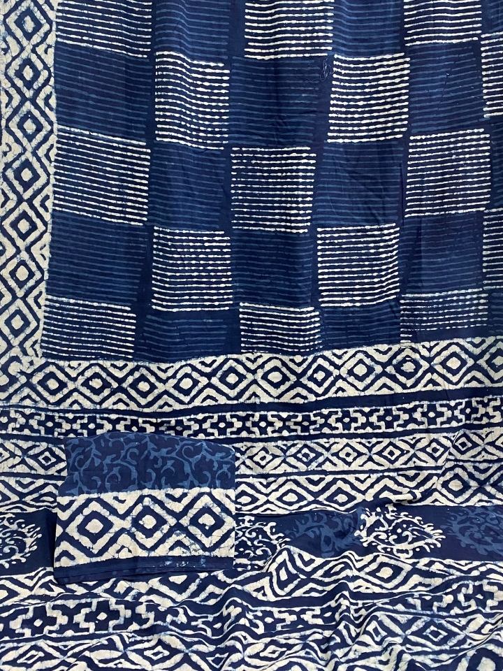 Single Stripes 2 Kaam Mud Dabu Indigo Base With Off Dabu Body  With Double Chokdi Border Off White Hand Block Print