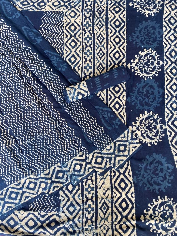 BINDU BIN MOTIF 2 KAAM PAN KI JAAL INDIGO BASE WITH 2 KAAM SAKPARA BORDER HAND BLOCK PRINT