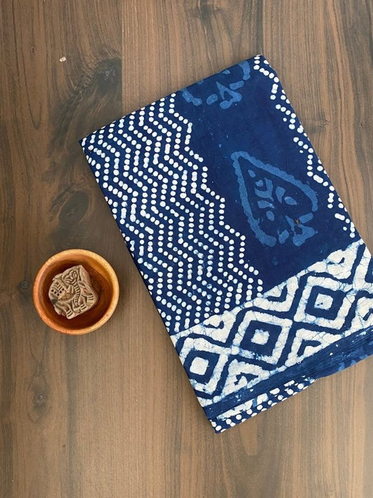 BINDU BIN MOTIF 2 KAAM PAN KI JAAL INDIGO BASE WITH 2 KAAM SAKPARA BORDER HAND BLOCK PRINT