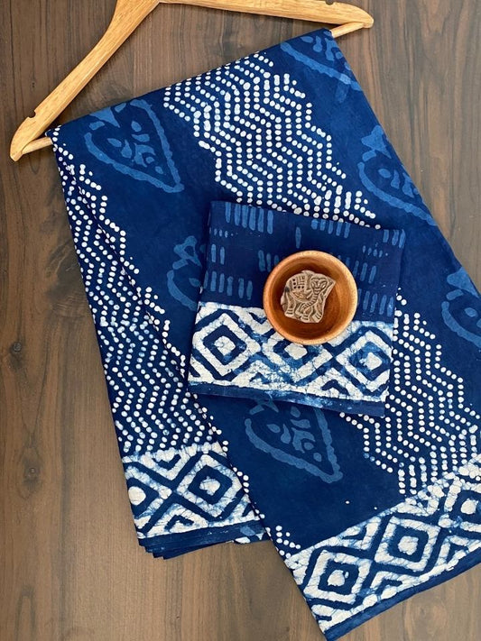 BINDU BIN MOTIF 2 KAAM PAN KI JAAL INDIGO BASE WITH 2 KAAM SAKPARA BORDER HAND BLOCK PRINT