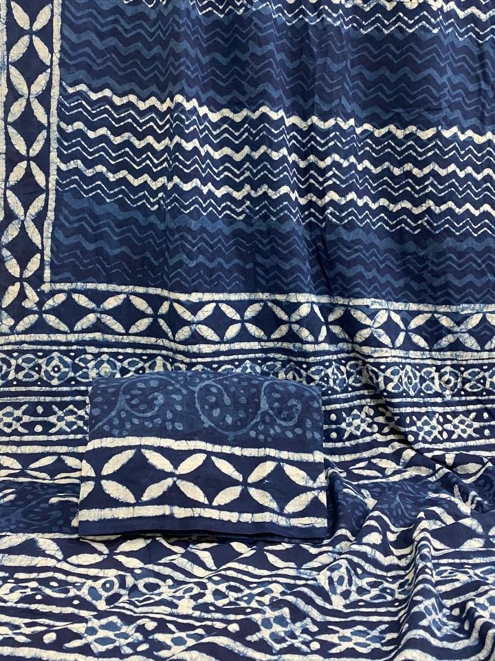 2 Kaam Lehriya Jaal Indigo Base With Off Mud Dabu Lehriya With Off White Chartune Boder Hand Block Print