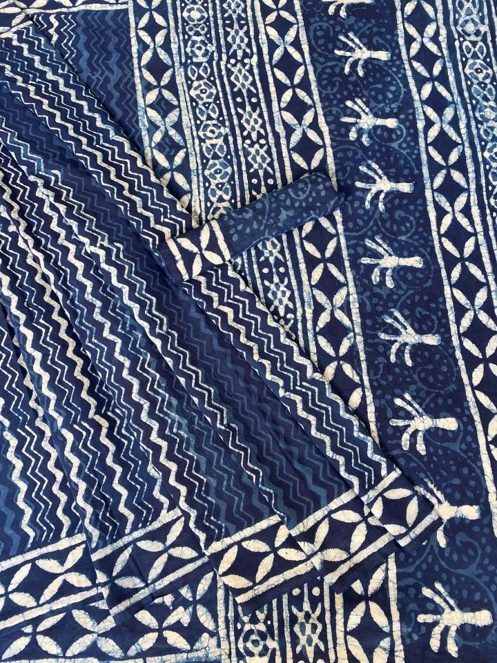 2 Kaam Lehriya Jaal Indigo Base With Off Mud Dabu Lehriya With Off White Chartune Boder Hand Block Print