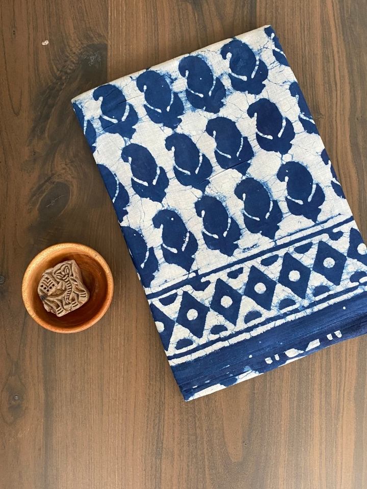 Tvis and Bliss. Indigo Dabu Print Chanderi Silk Saree with Small Zari Border