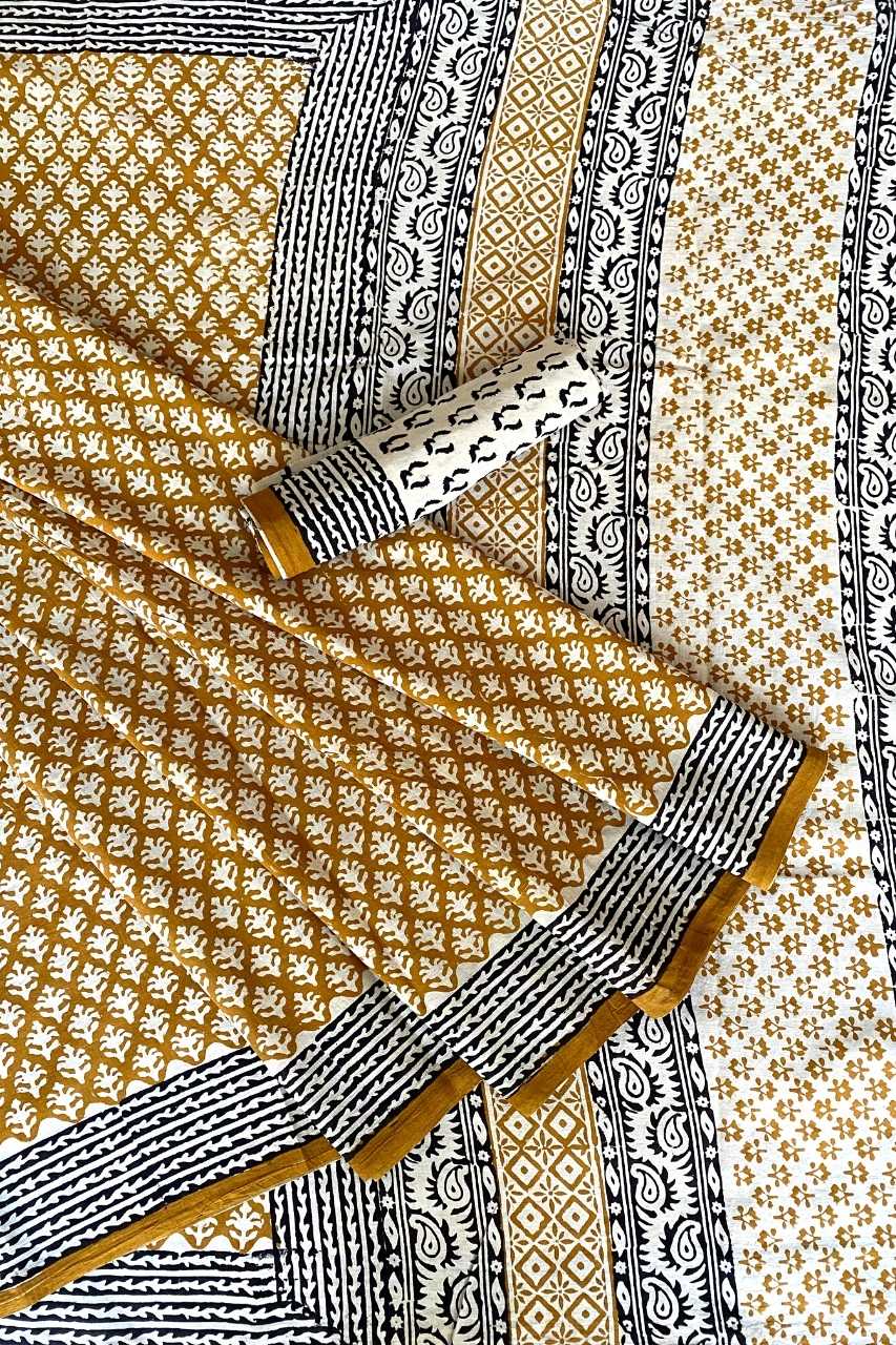 Bagru Small Old Butti Base Off Yellow With Off White Butti With Machu Black Border Hand Block Print Saree